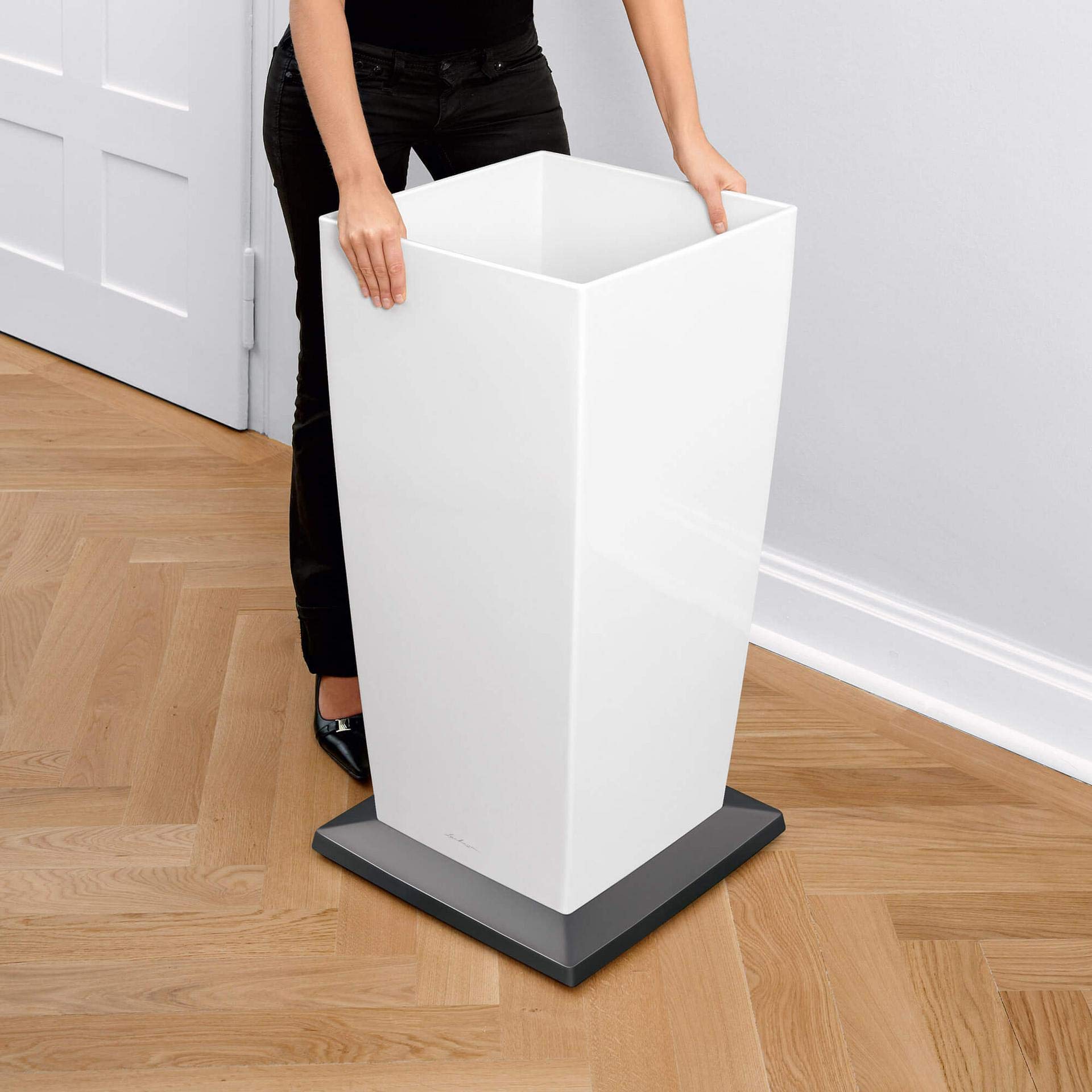White lechuza cubico watering planter garden plastic with glossy finish and dark gray base for indoor outdoor use