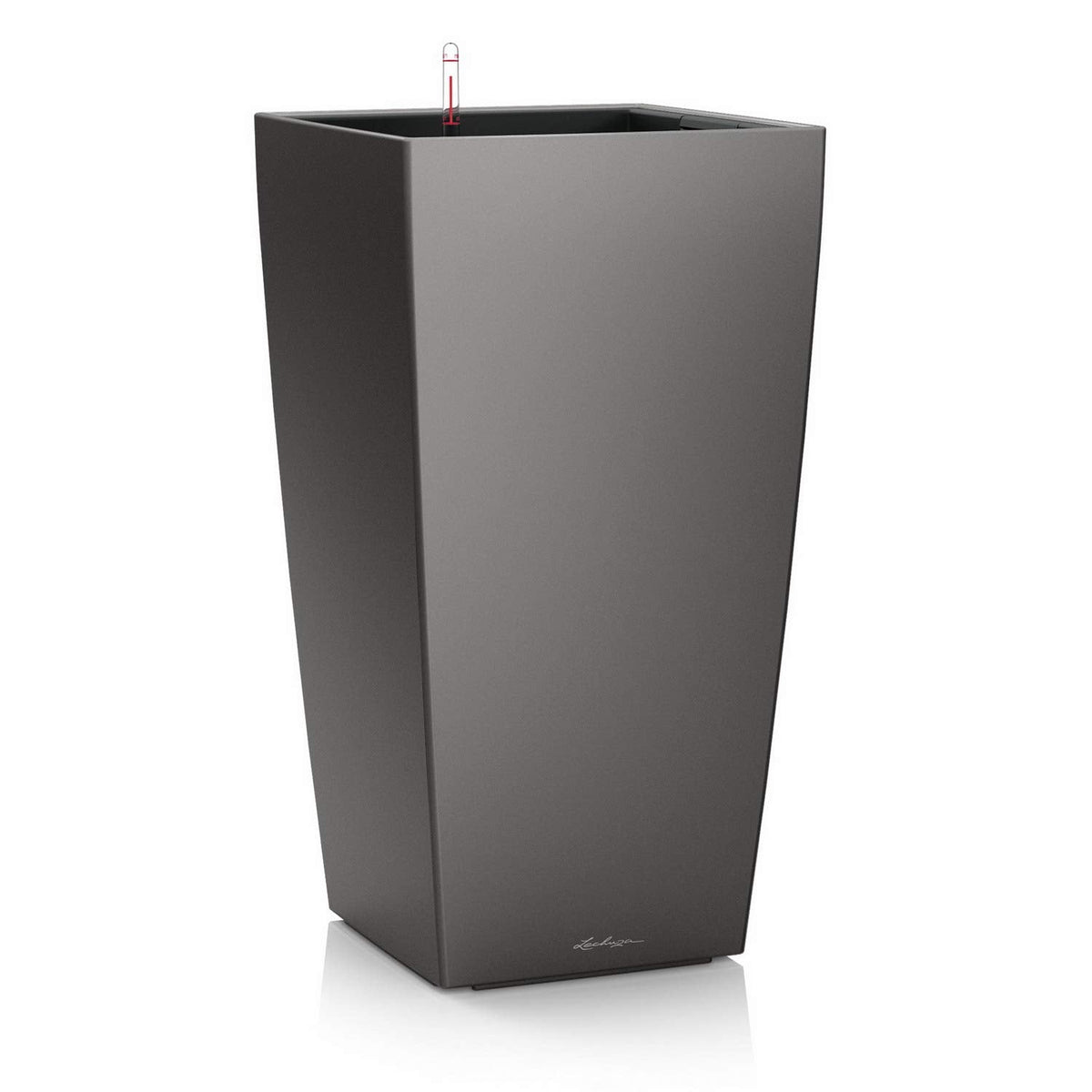 Dark gray lechuza cubico 30 planter garden plastic with sleek modern design and red tube self watering feature