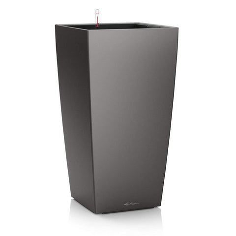 Dark gray lechuza cubico 30 planter garden plastic with sleek modern design and red tube self watering feature