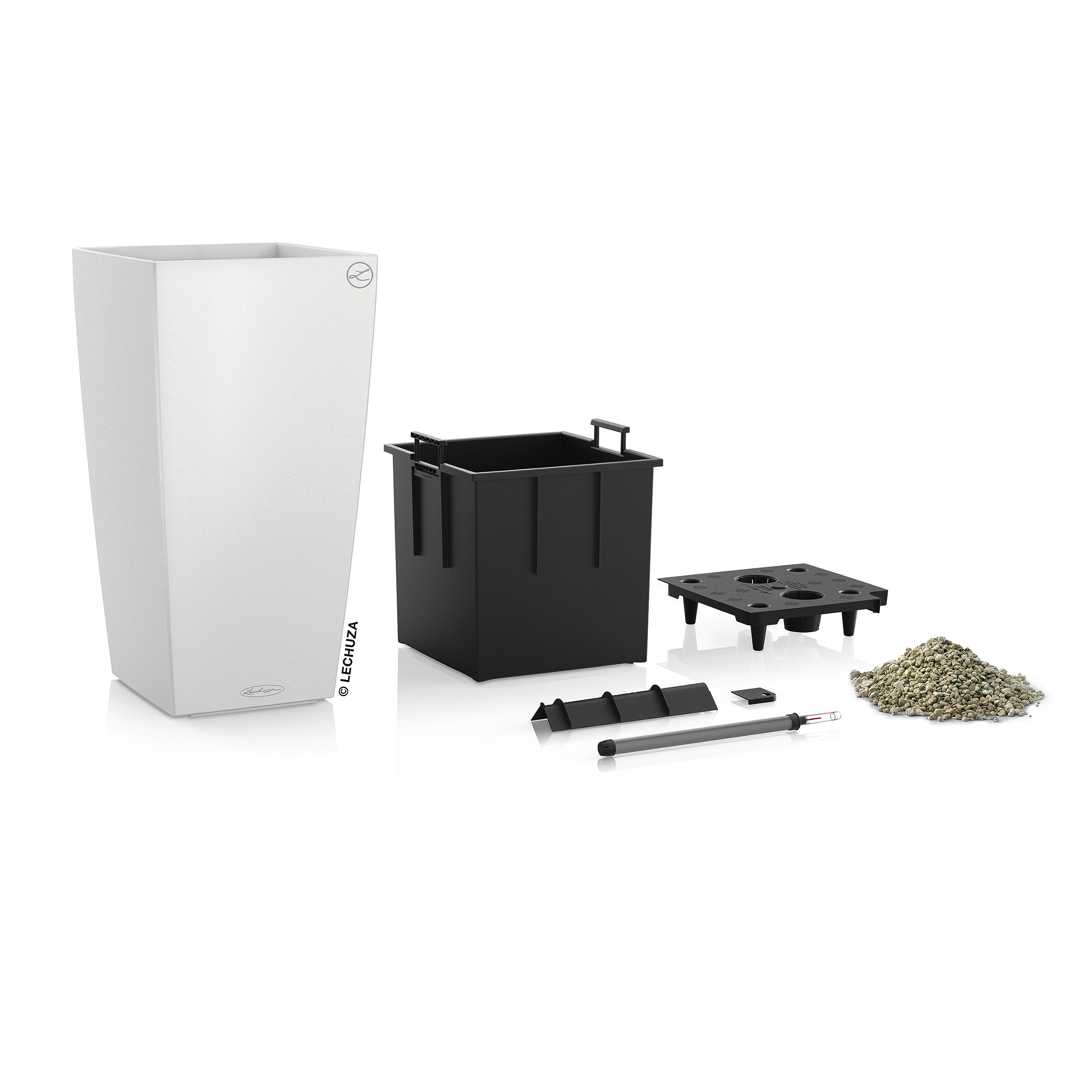 White rectangular lechuza cubico color planter with matte finish plastic and water level indicator for indoor outdoor use