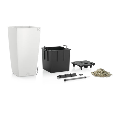 White rectangular lechuza cubico color planter with matte finish plastic and water level indicator for indoor outdoor use