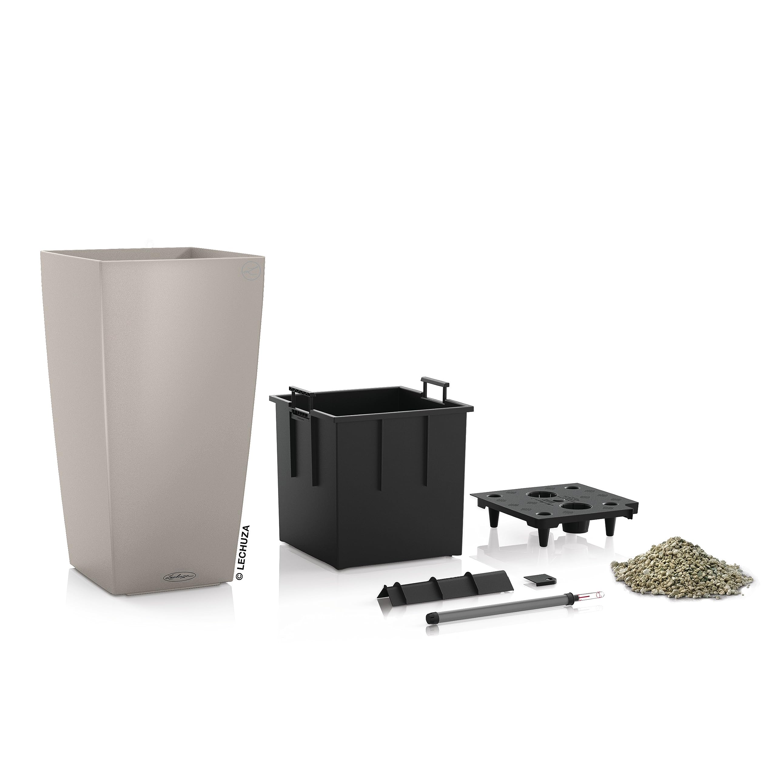Gray rectangular lechuza cubico color 22 plant pot with water reservoir and water level indicator for indoor outdoor use