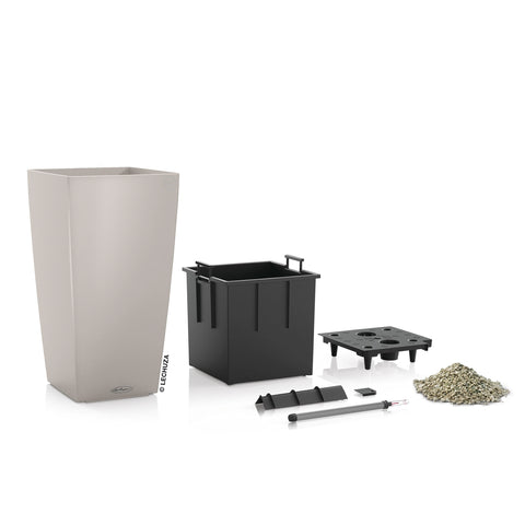 Gray rectangular lechuza cubico color 22 plant pot with water reservoir and water level indicator for indoor outdoor use