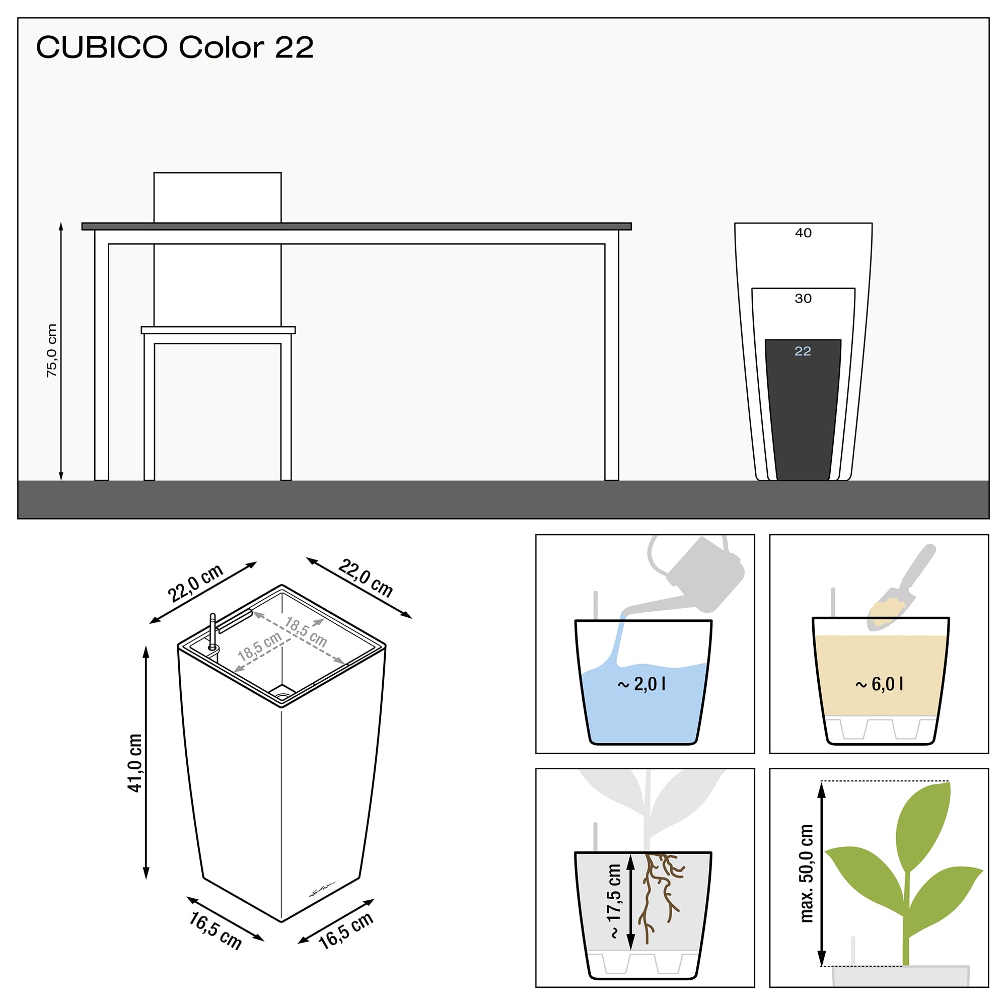 Lechuza cubico color 22 white plastic plant pot with water reservoir and water level guide for indoor and outdoor use