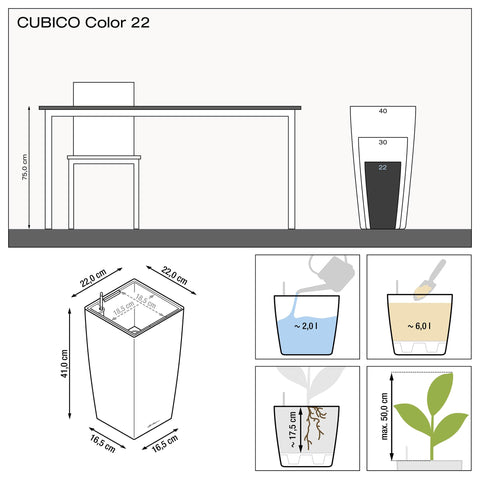 Lechuza cubico color 22 white plastic self watering planter with water level indicator and usage guidelines for indoor outdoor use