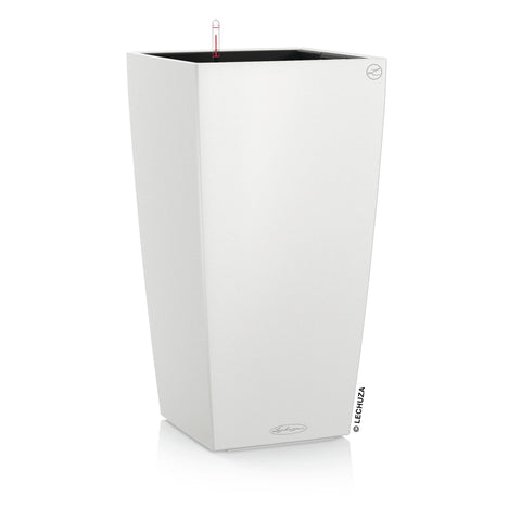 White rectangular lechuza cubico color planter with black interior and drainage hole for indoor and outdoor use