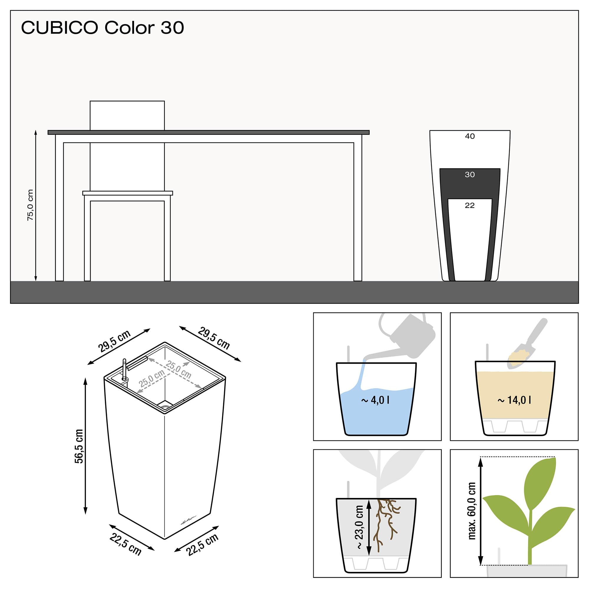 Lechuza cubico color 30 white plastic self watering planter with water level indicator for indoor and outdoor use