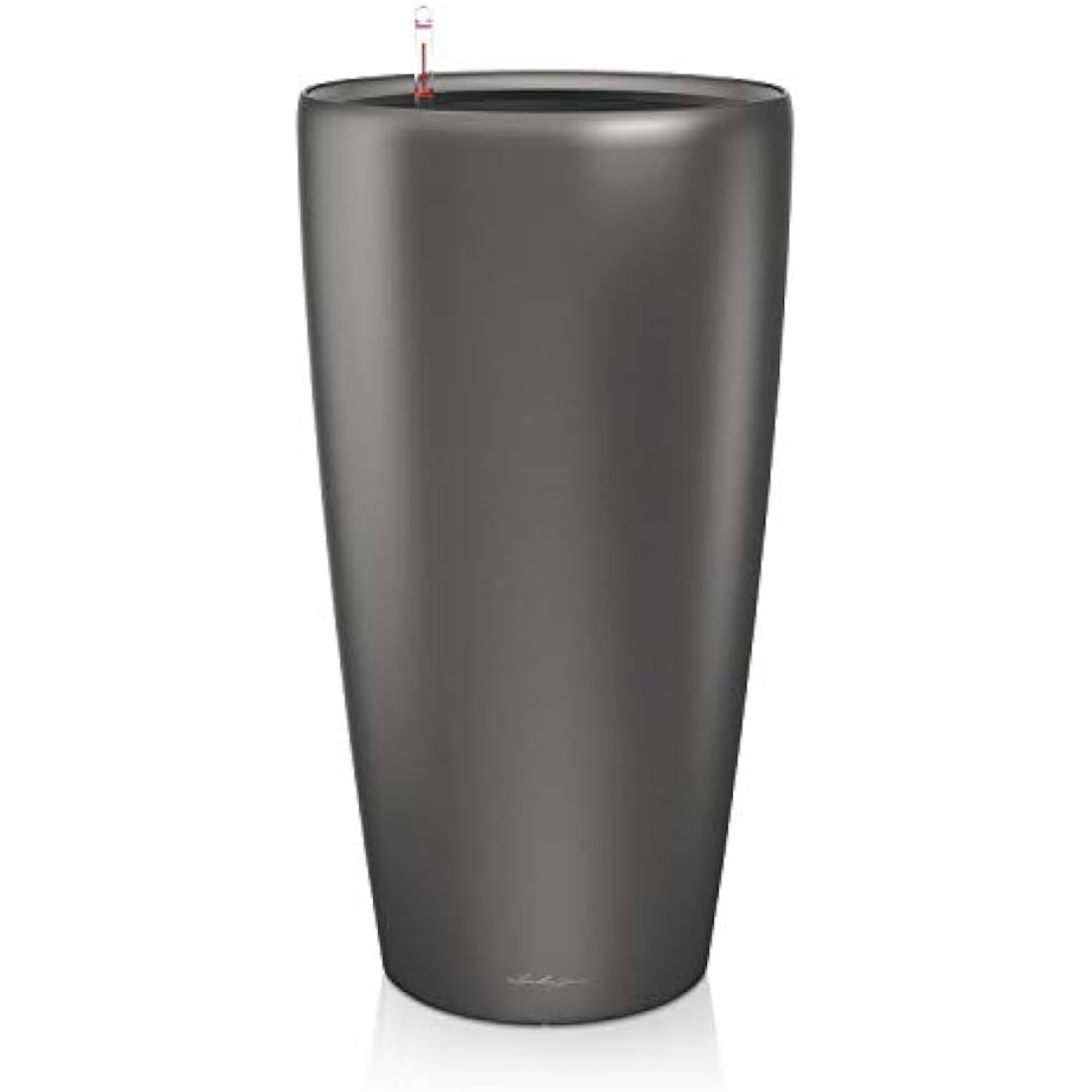Dark gray lechuza rondo 32 self watering planter with drainage hole and red tipped watering device made of plastic