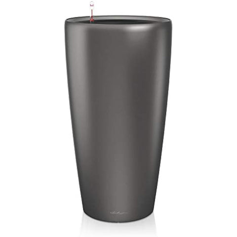 Dark gray lechuza rondo 32 self watering planter with drainage hole and red tipped watering device made of plastic