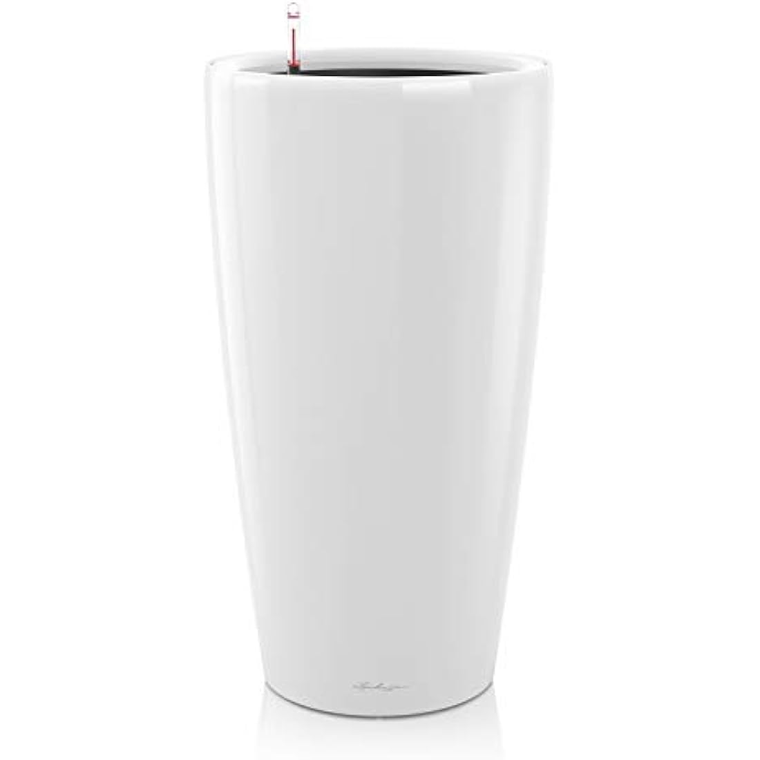 White high gloss lechuza rondo 32 self watering planter with a small red spout for indoor and outdoor use