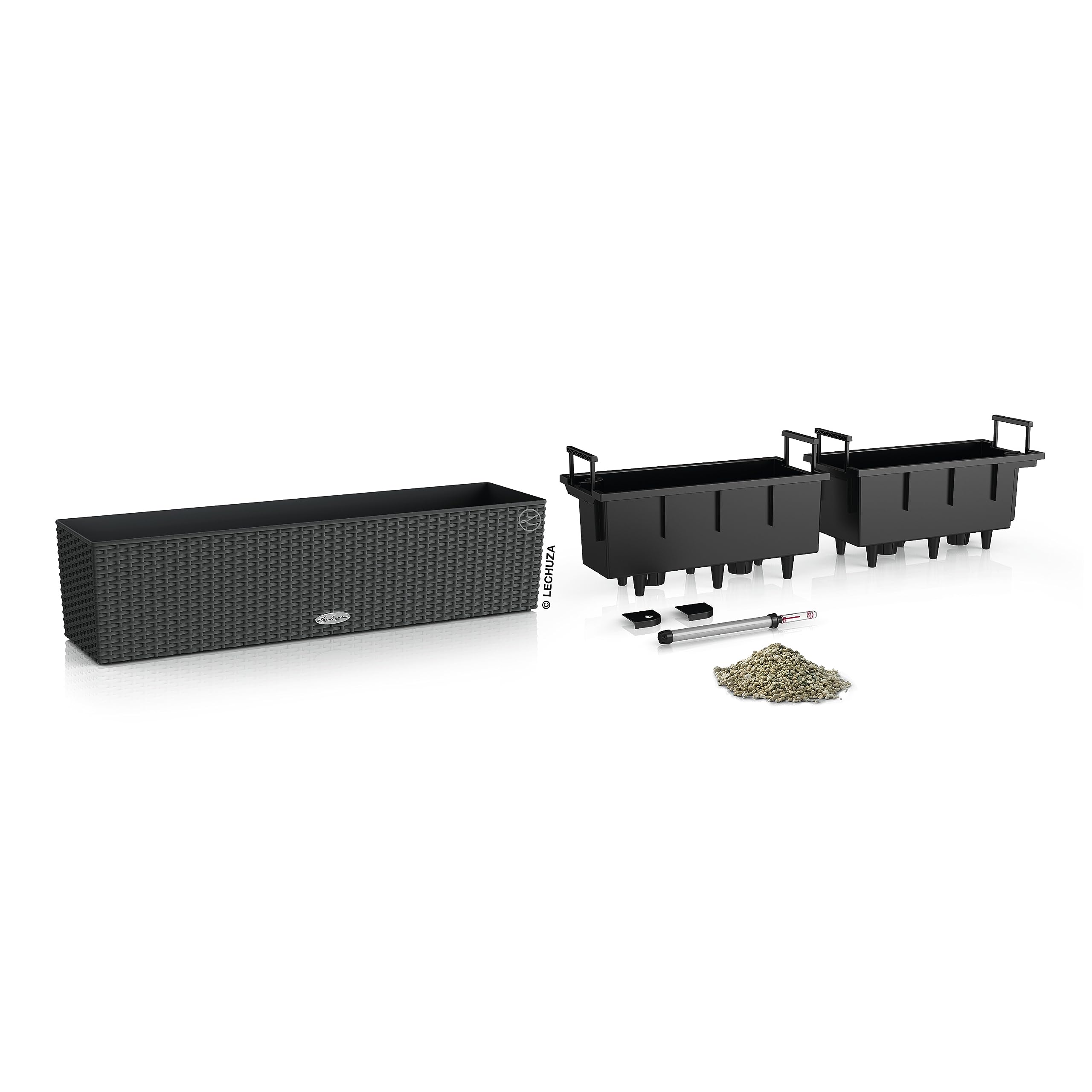 Black woven plastic plant pot balconera with integrated handles and drainage system for indoor and outdoor use