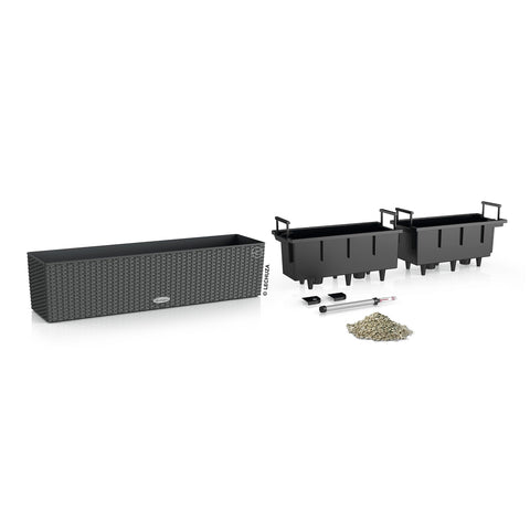 Black woven plastic plant pot balconera with integrated handles and drainage system for indoor and outdoor use