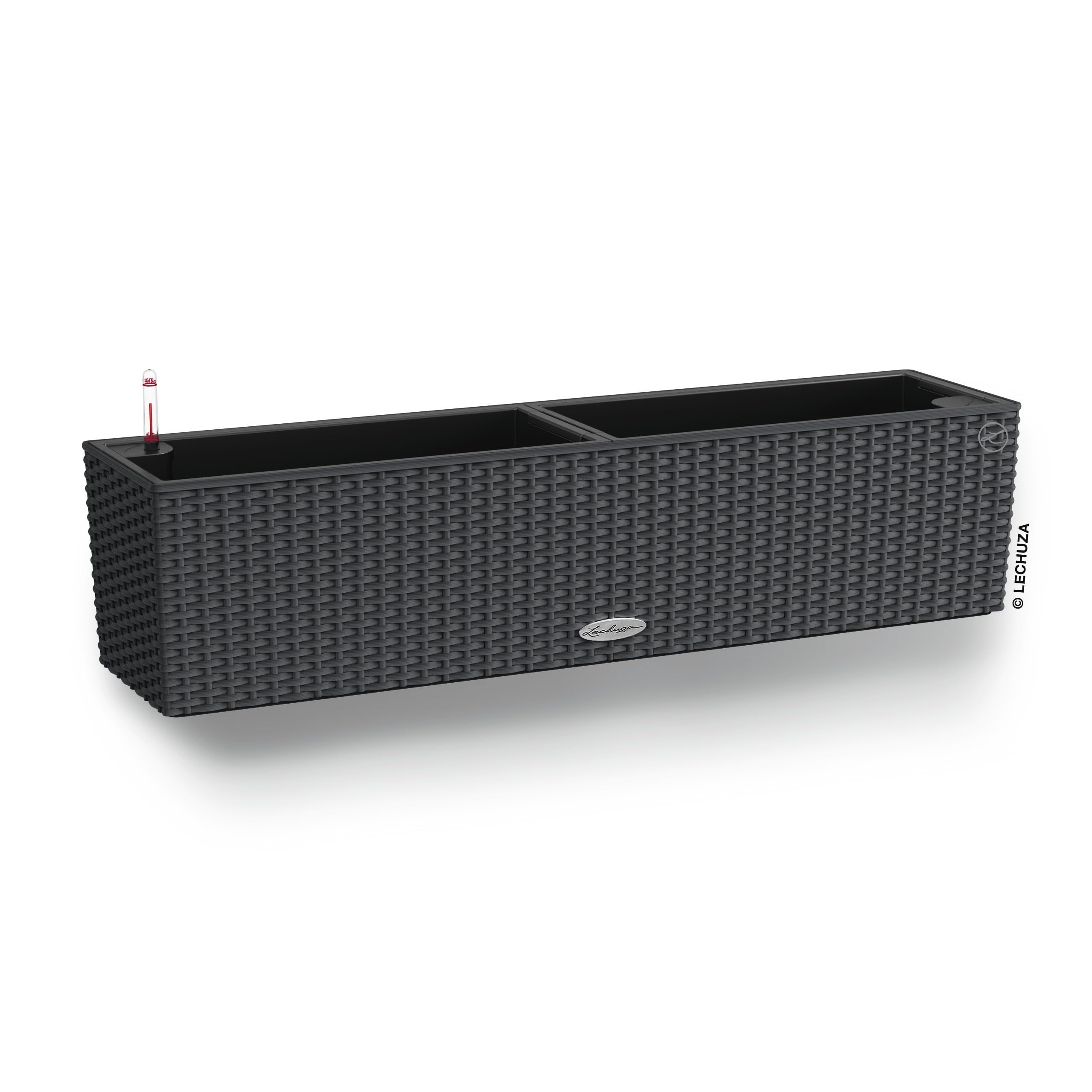 Black woven plastic watering plant pot balconera with two compartments and built-in self watering system