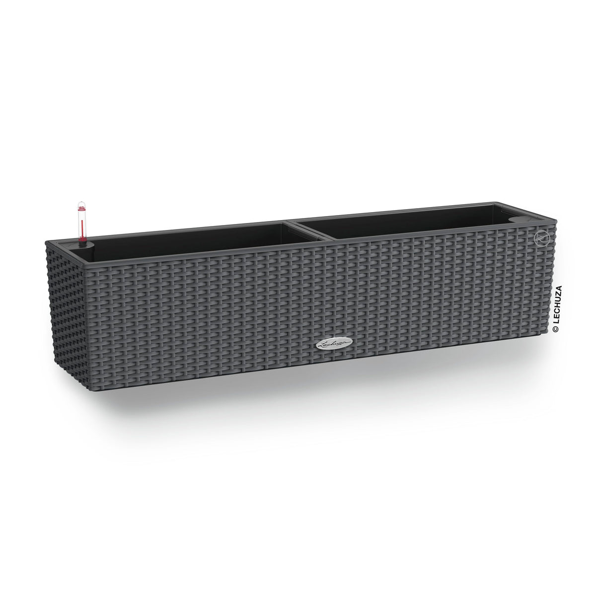 Black woven plastic watering plant pot balconera with two compartments and built-in self watering system