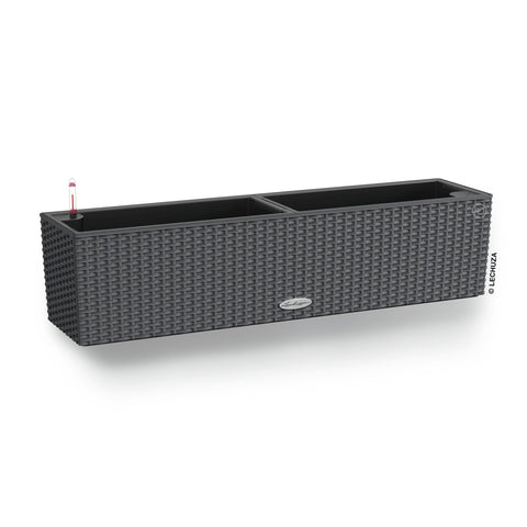 Black woven plastic watering plant pot balconera with two compartments and built-in self watering system