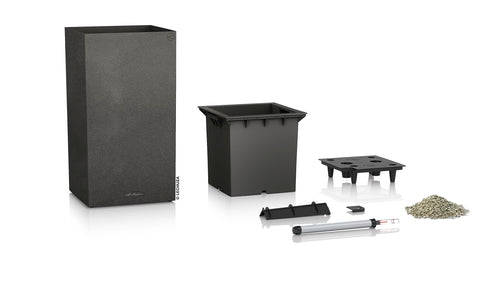 Black plastic lechuza canto stone plant pot with plant insert and adjustable nutrient tube for indoor outdoor use