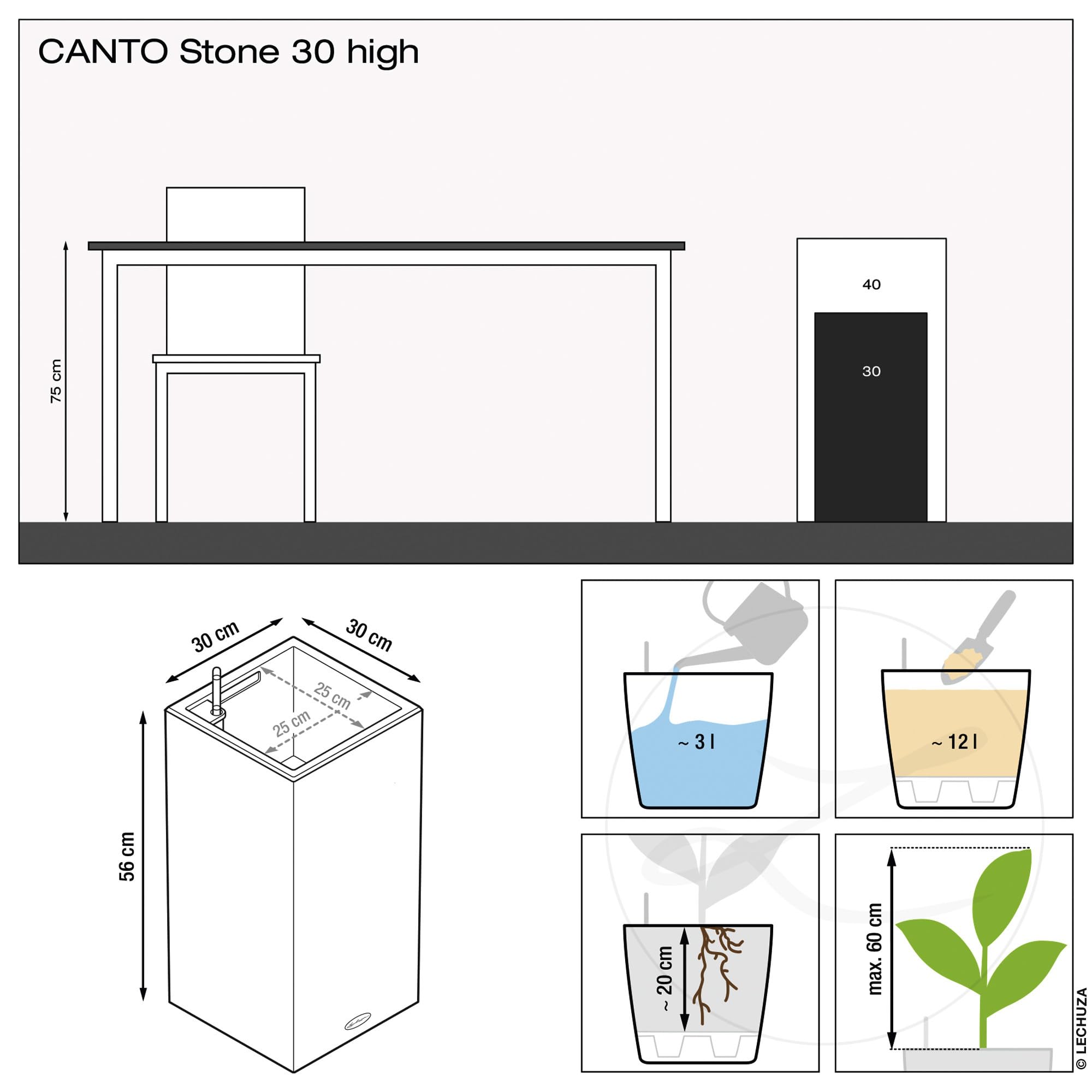 Lechuza canto stone 30 high black plastic plant pot with self watering feature and drainage hole for indoor outdoor use