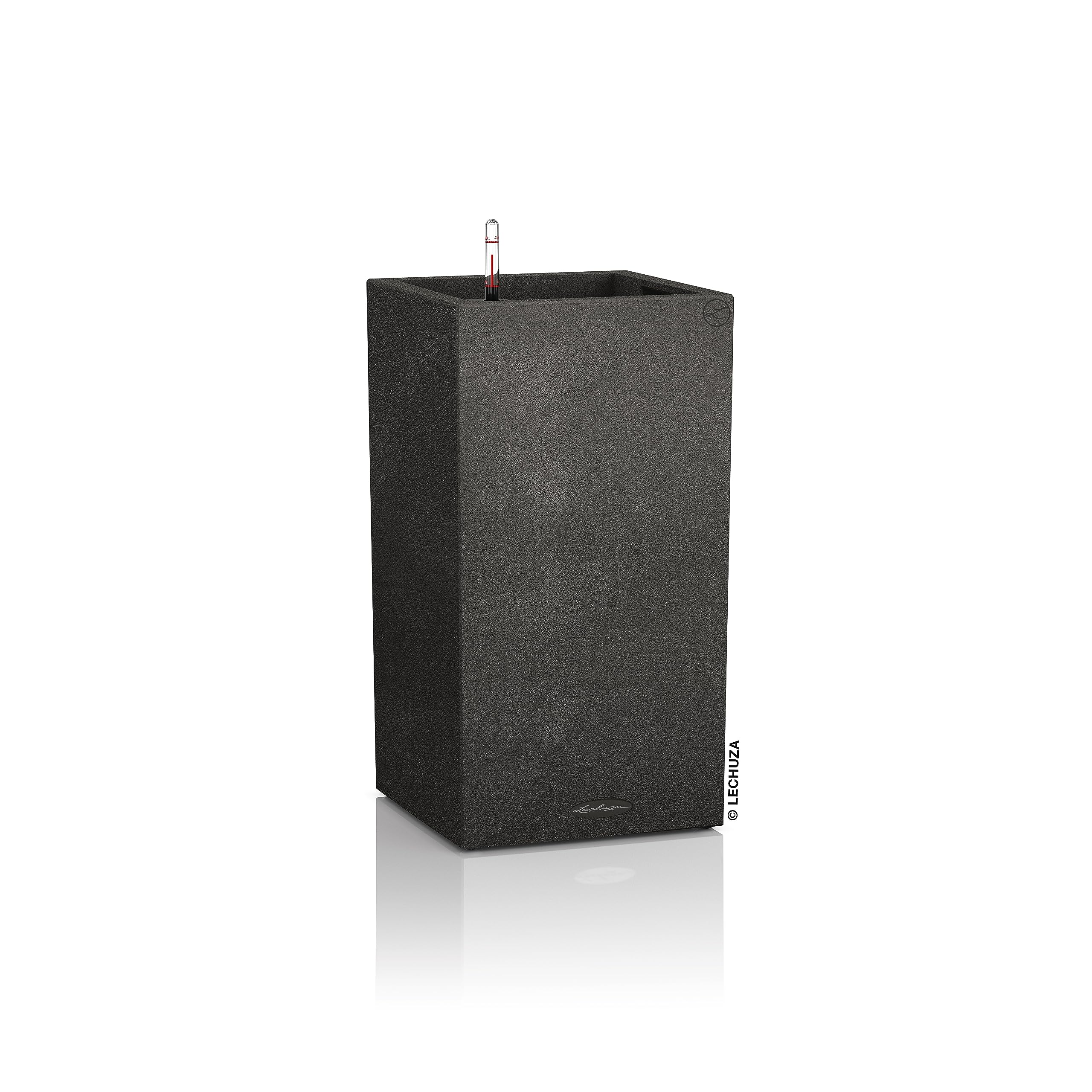 Black textured plastic canto stone plant pot by lechuza with sleek modern design and self watering feature
