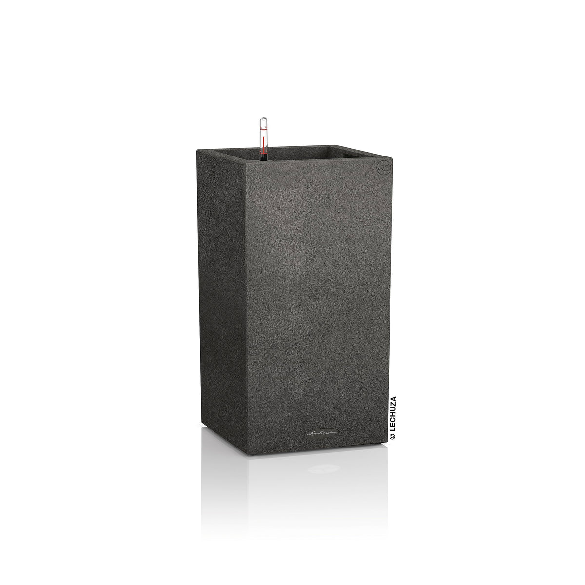 Black textured plastic canto stone plant pot by lechuza with sleek modern design and self watering feature