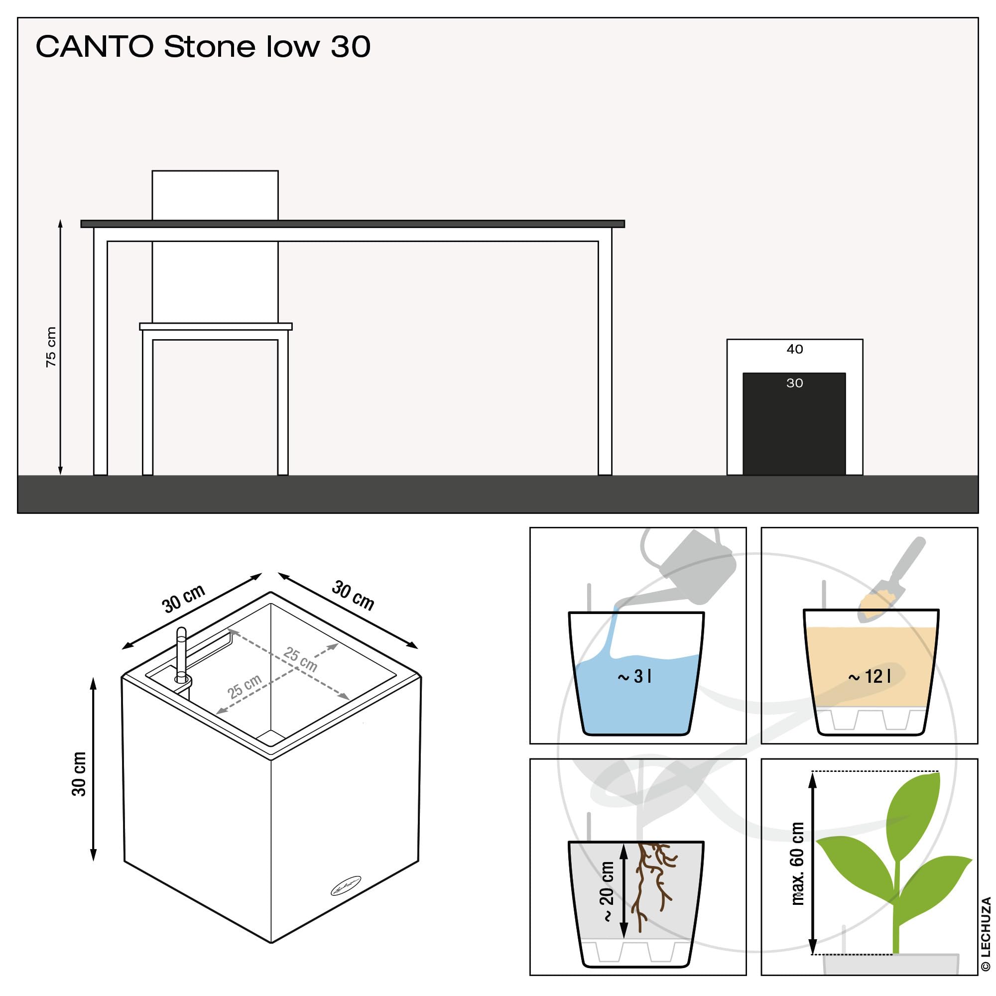 Sleek graphite black canto stone plant pot with integrated watering system and drainage hole for indoor outdoor use