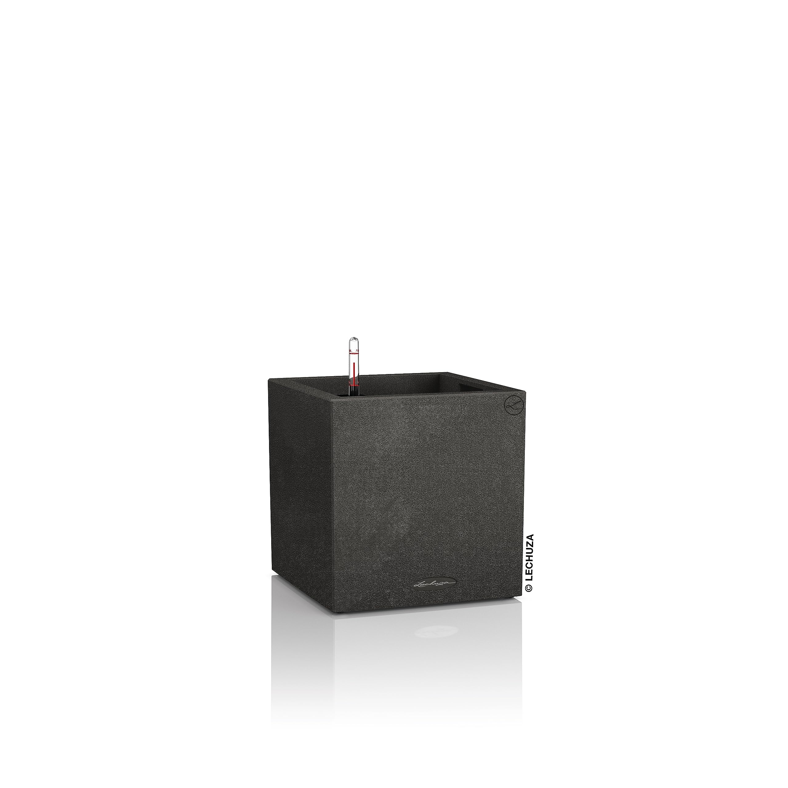 Black textured graphite black plastic canto stone plant pot with subtle embossed logo and drainage hole for indoor outdoor use