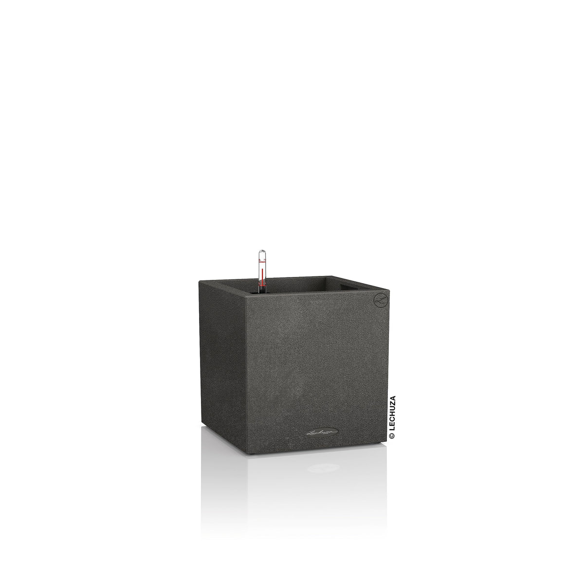 Black textured graphite black plastic canto stone plant pot with subtle embossed logo and drainage hole for indoor outdoor use