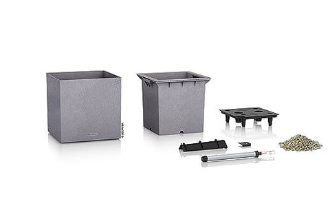 Gray canto stone plant pot with textured surface and integrated drainage system for indoor and outdoor use