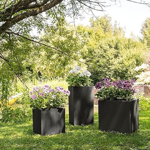 Three sleek graphite black lechuza self watering plant pots with water reservoir filled with purple white flowers