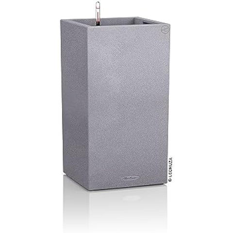 Gray textured canto stone plant pot with built-in water fountain spout for indoor and outdoor use