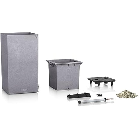 Gray canto stone plant pot with integrated reservoir and drip irrigation for indoor and outdoor use plastic