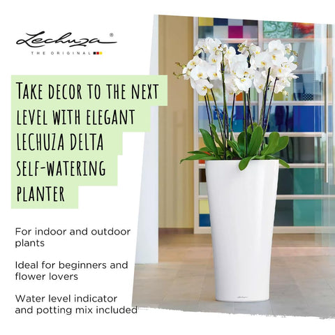 White high gloss lechuza self watering plant pot delta 30 tall plastic planter with drainage hole for indoor outdoor use
