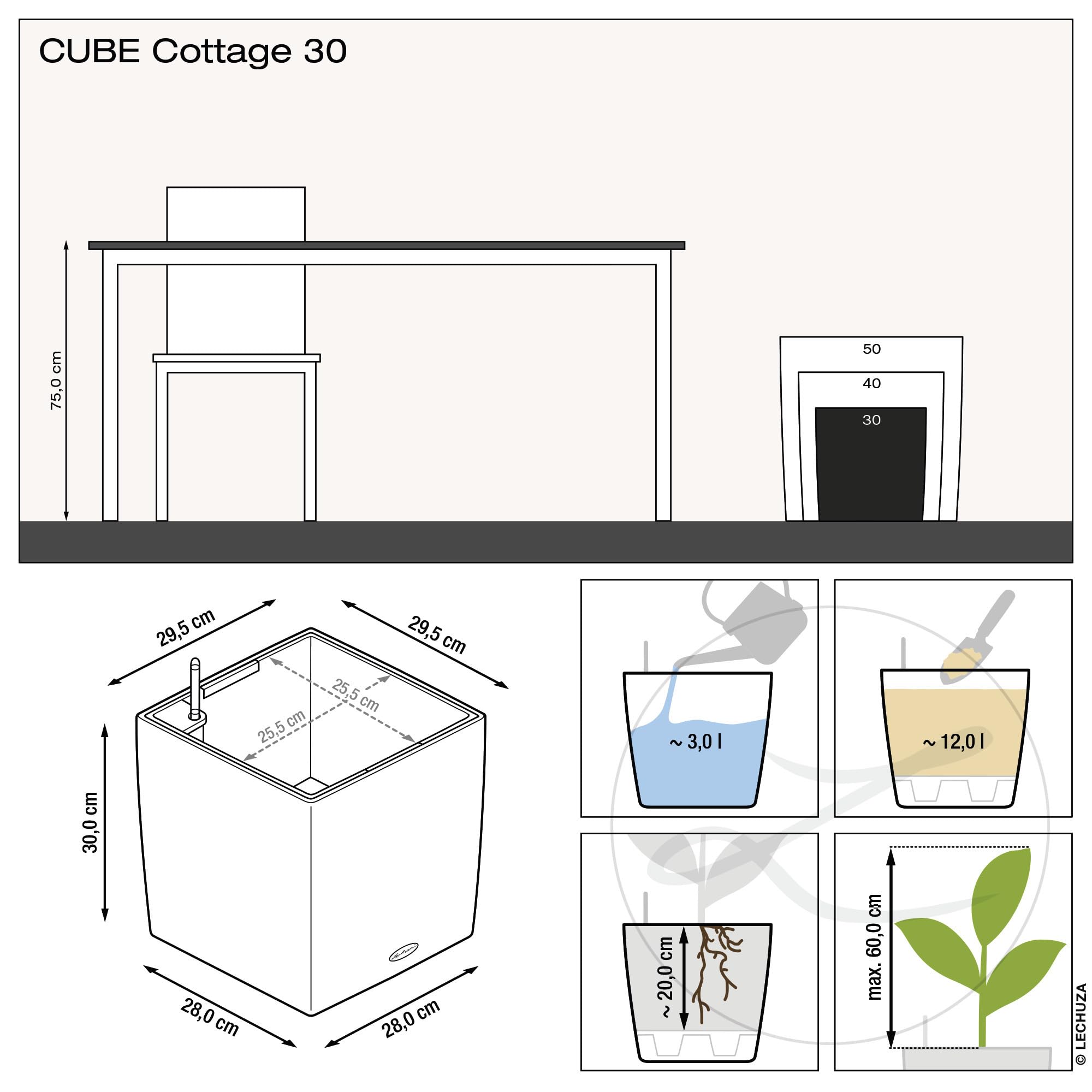 Lechuza self watering plant pots cube cottage 30 in sleek white plastic with reservoir for indoor outdoor use