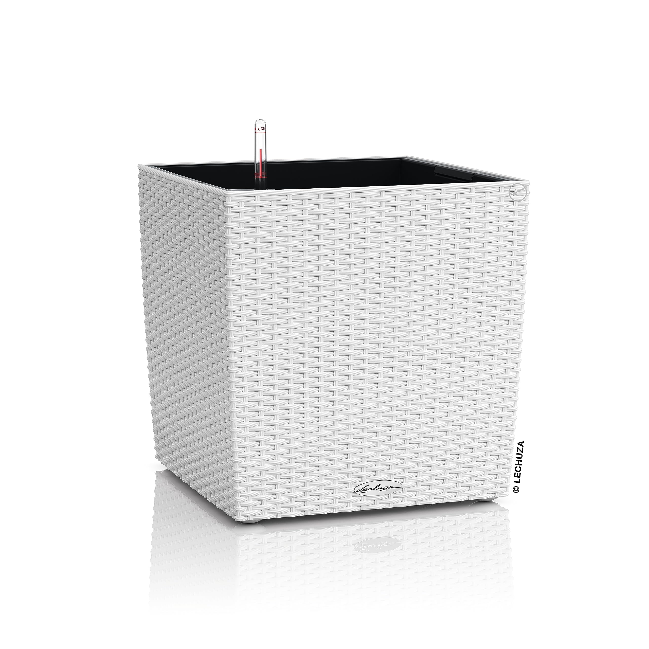 White lechuza self watering plant pot cube with woven rattan look plastic and water level indicator for indoor outdoor use