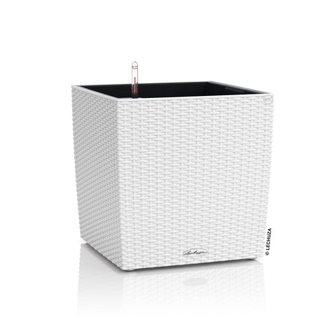 White lechuza self watering plant pot cube with woven rattan look plastic and water level indicator for indoor outdoor use