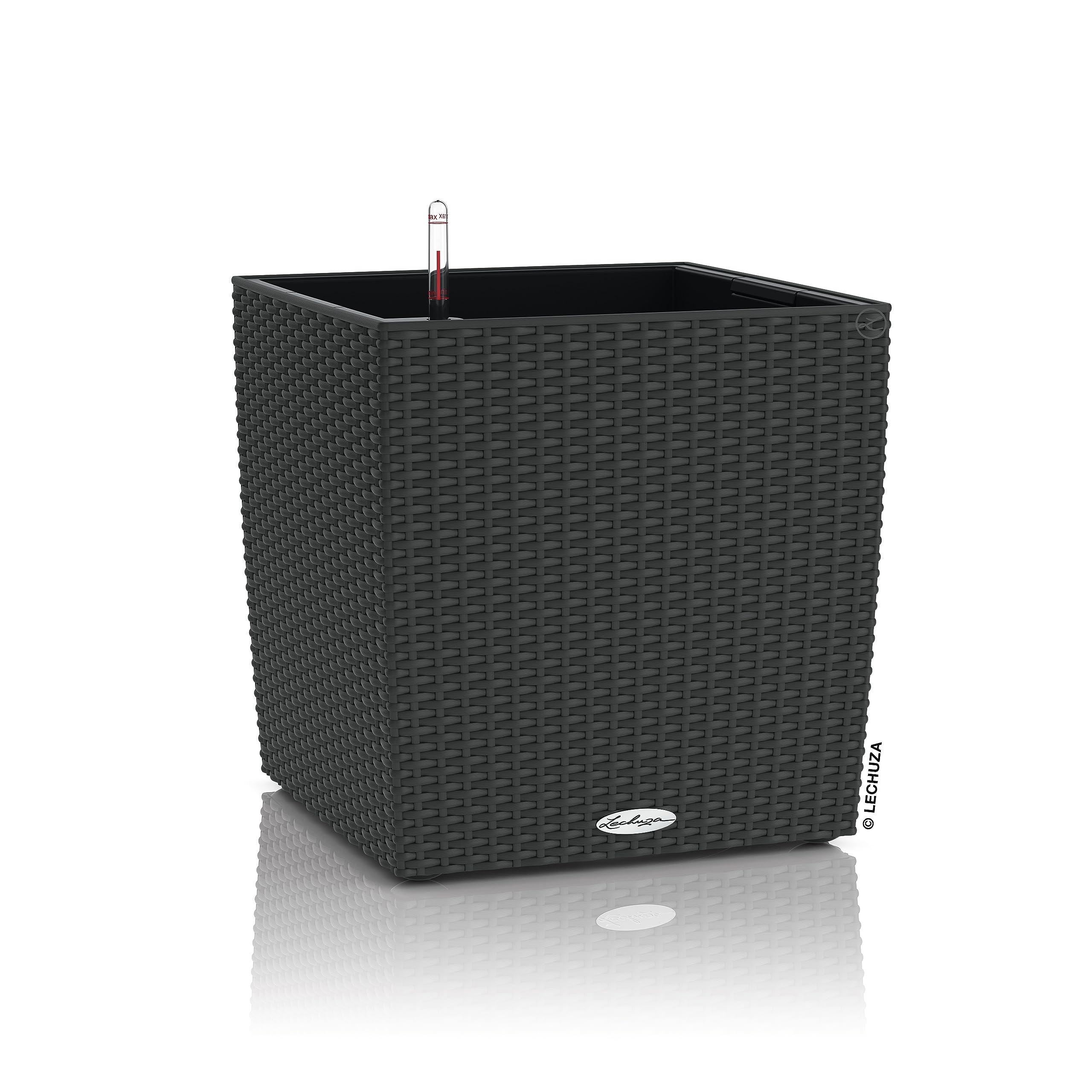 Black woven resin watering plant pots cube with built-in water level indicator for indoor outdoor use granite color