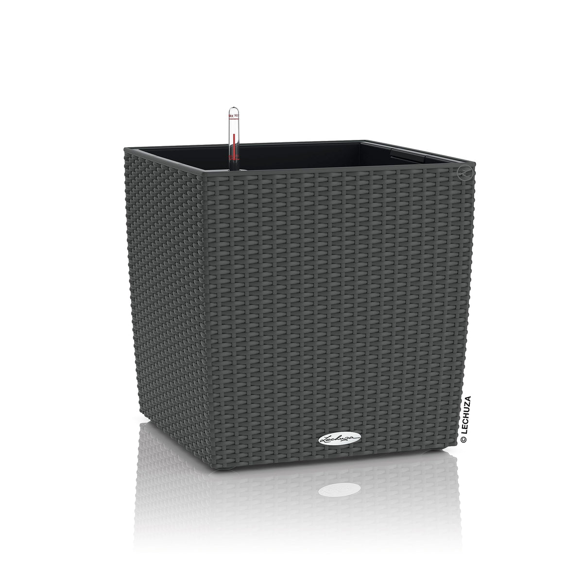Black woven resin watering plant pots cube with built-in water level indicator for indoor outdoor use granite color