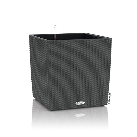 Black woven resin watering plant pots cube with built-in water level indicator for indoor outdoor use granite color