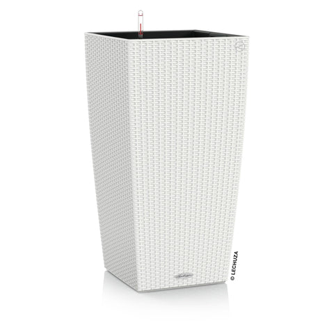 White woven plastic watering plant pots cubico cottage with tall rectangular design and black interior for indoor outdoor use