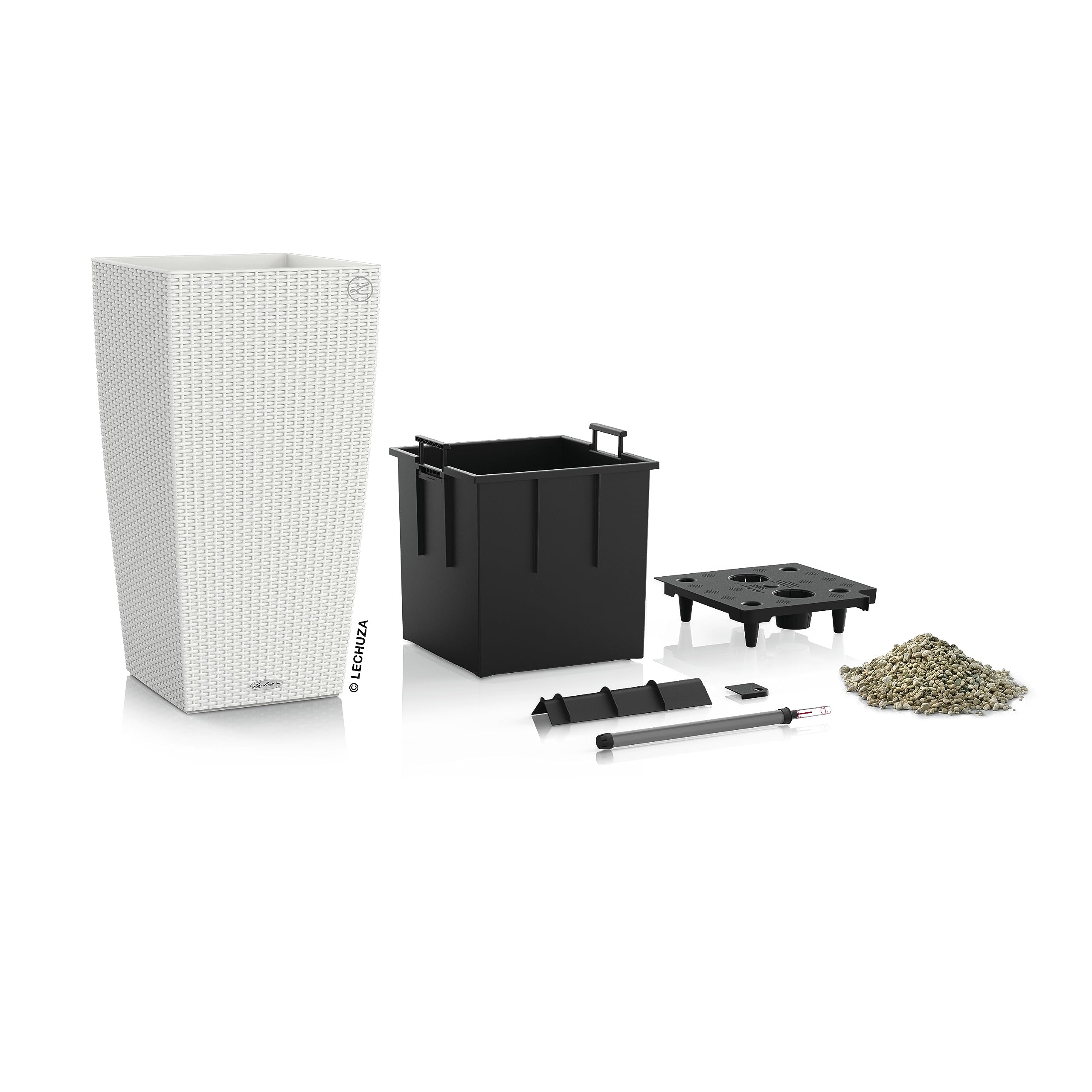 White woven resin watering plant pots cubico cottage with black plastic parts and green hydroponic medium pile