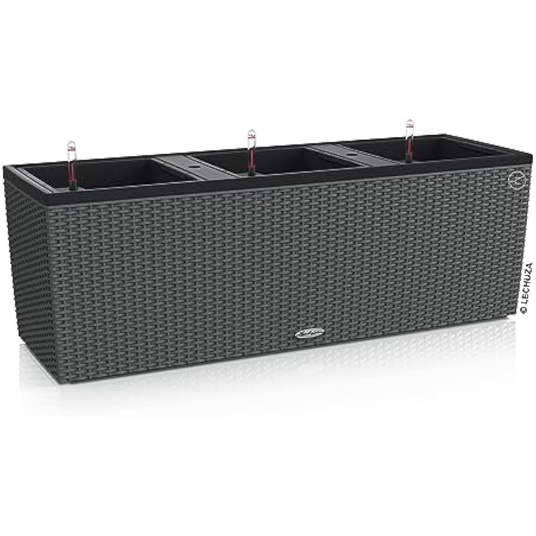 Dark gray woven plastic lechuza trio cottage 30 planter with three compartments hanging hooks and water level indicator