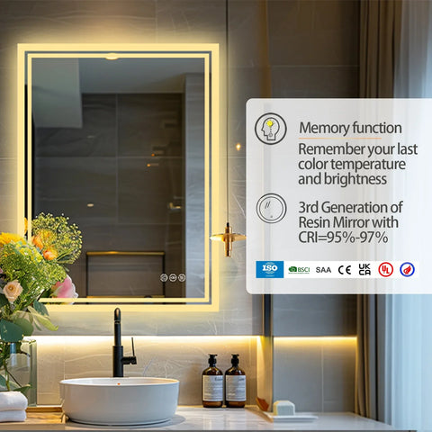 Rectangular frameless bathroom mirror with led lighting and memory function for last color temperature and brightness