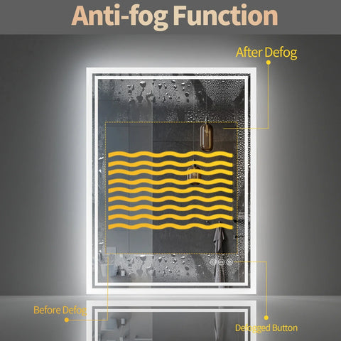 A sleek rectangular led bathroom mirror with white frame anti-fog function and 3 colors touch light for vanity use