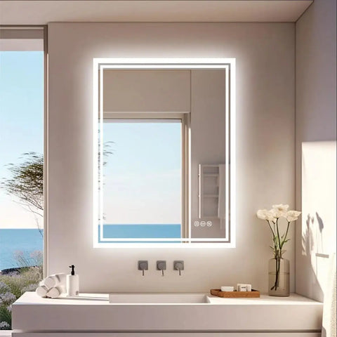 Rectangular bathroom mirror with sleek white frame and integrated led lighting for vanity and makeup use