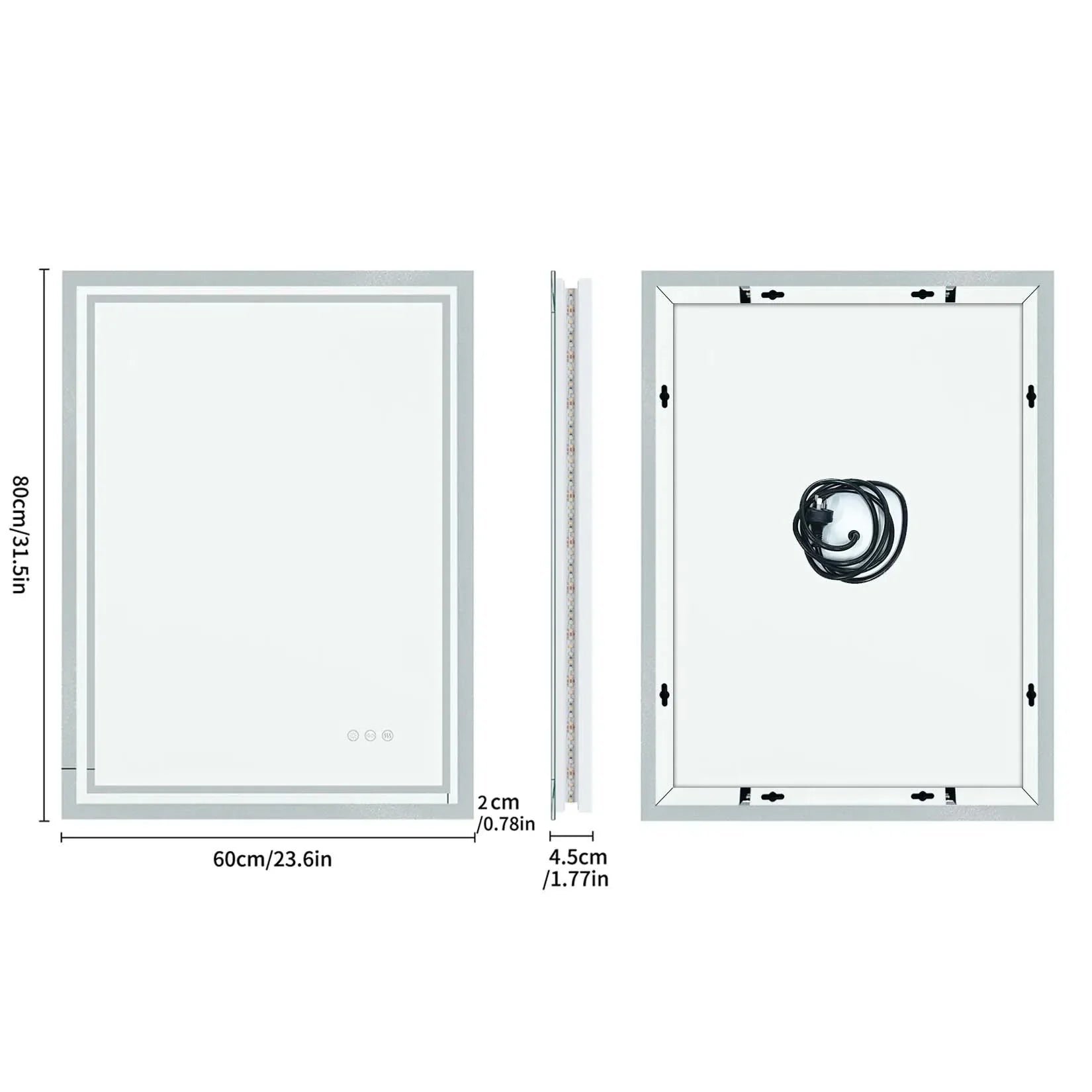 Silver-framed rectangular bathroom mirror with led edge lighting and three touch control buttons for vanity use