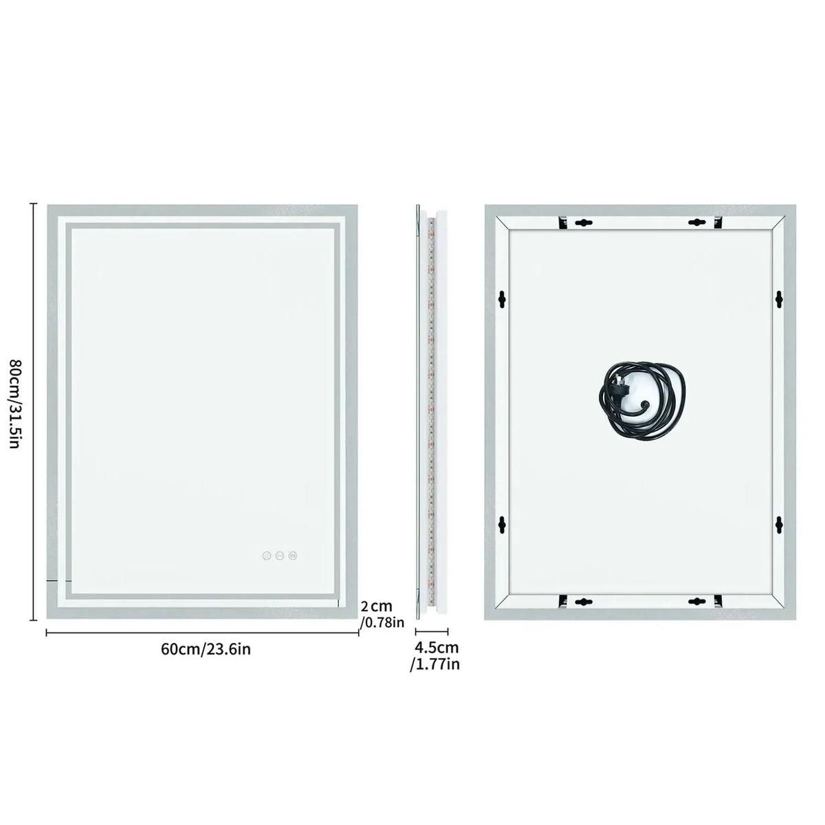 Silver-framed rectangular bathroom mirror with led edge lighting and three touch control buttons for vanity use