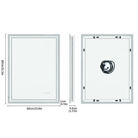 Silver-framed rectangular bathroom mirror with led edge lighting and three touch control buttons for vanity use