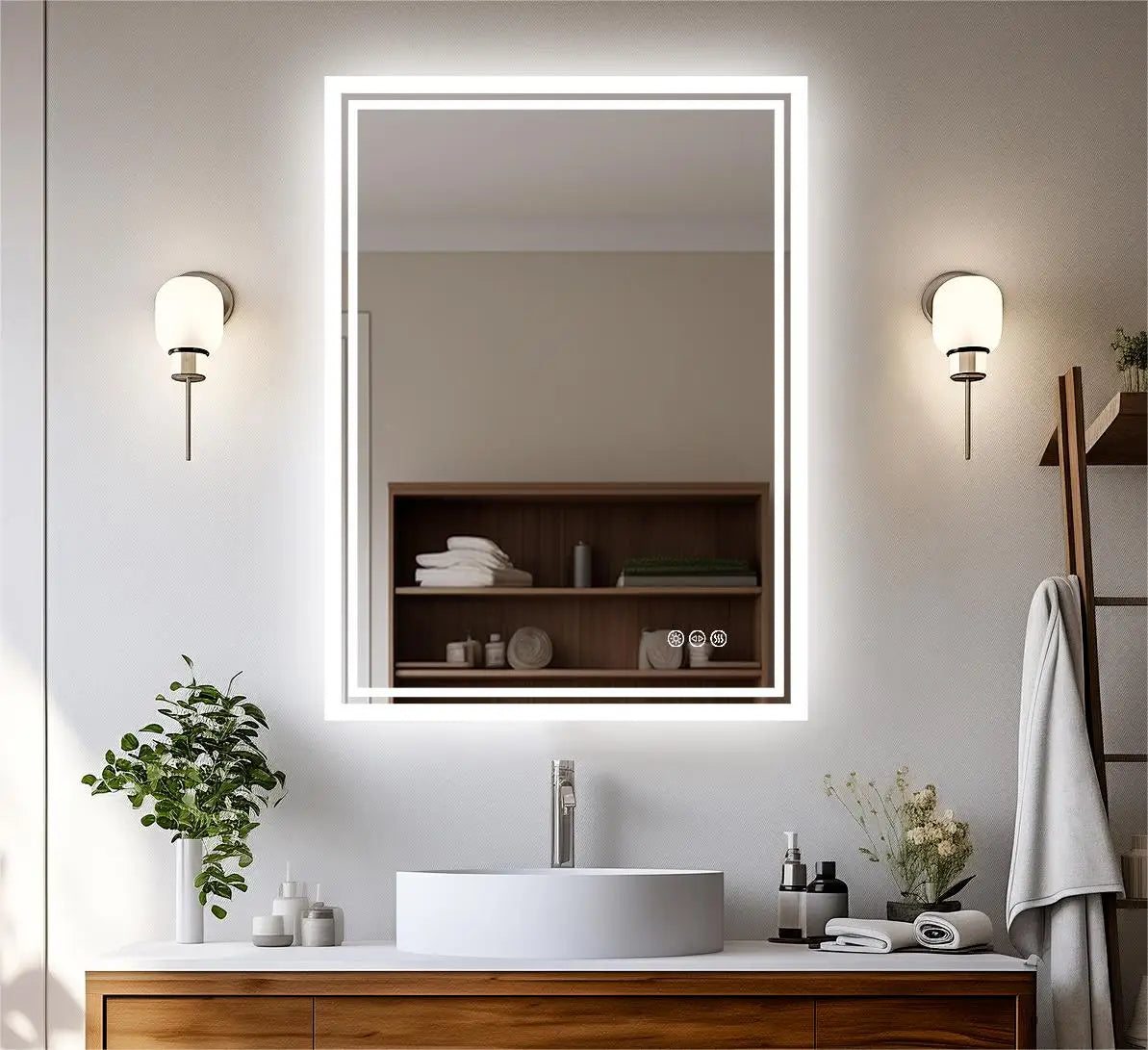 Rectangular frameless bathroom mirror with integrated led lighting and touch control for makeup and anti-fog use