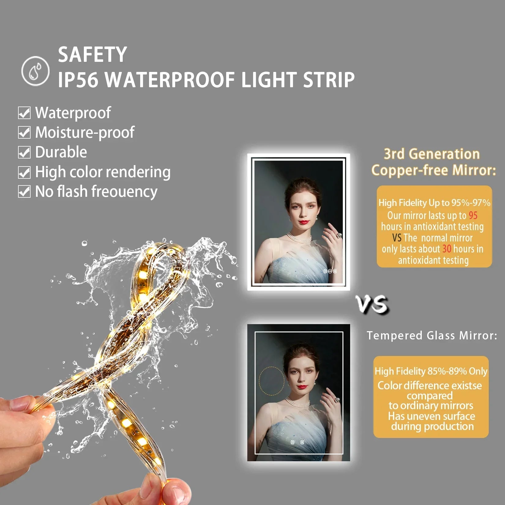 Gold-colored flexible led light strip for bathroom mirror with waterproof and moisture-proof features for vanity use