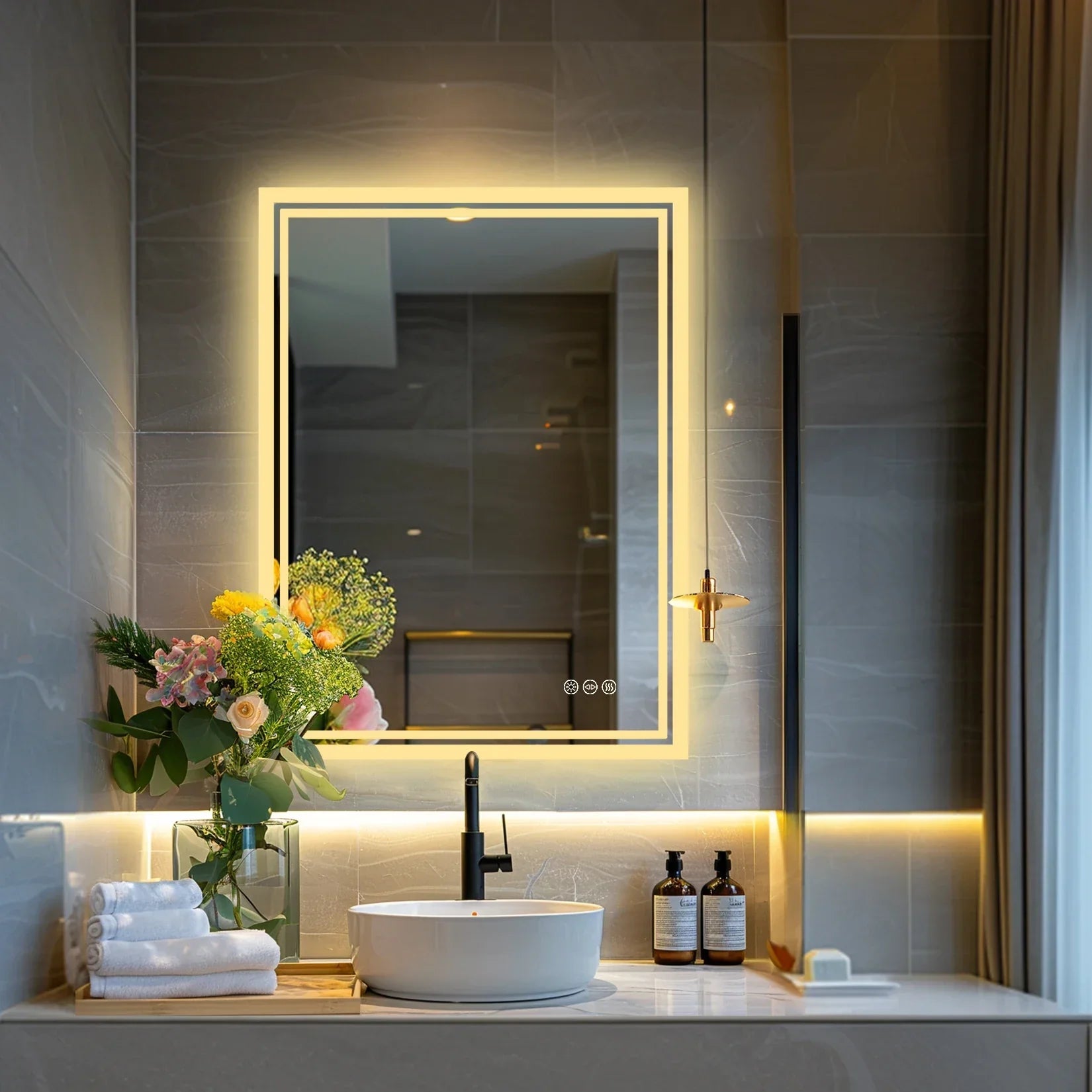 Rectangular bathroom mirror with sleek gold frame and integrated led lighting for vanity makeup and anti-fog use