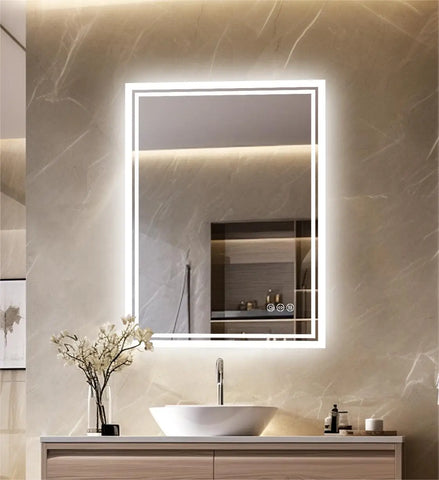 Rectangular frameless bathroom mirror with integrated led lighting, touch control, anti-fog, and 3 color modes for vanity use